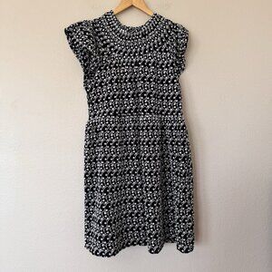 LOFT Womens Embroidered Eyelet Smocked Yoke Mini Swing Dress Black White Size M